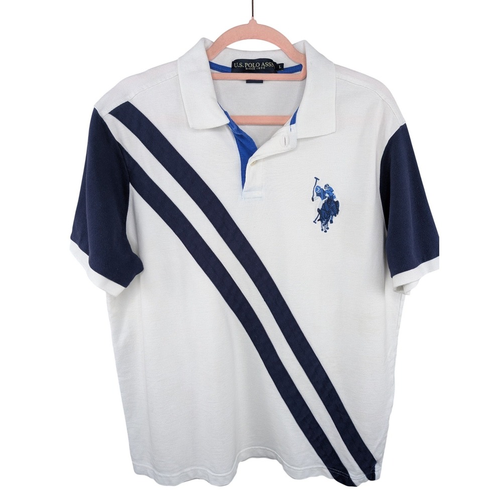 U.S. Polo Assn. Mens Polo Shirt Large White Navy Blue Stripe Large Pony Golf